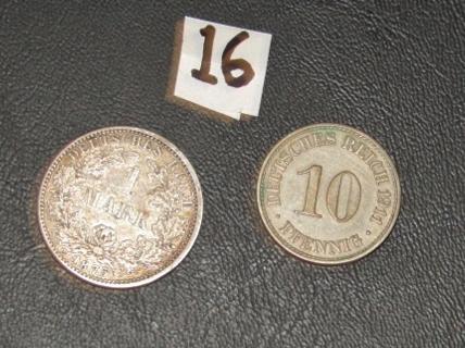 1875 - A Germany Silver 1 Mark Coin And A 1911 - A Germany 10 Pfennig Coin