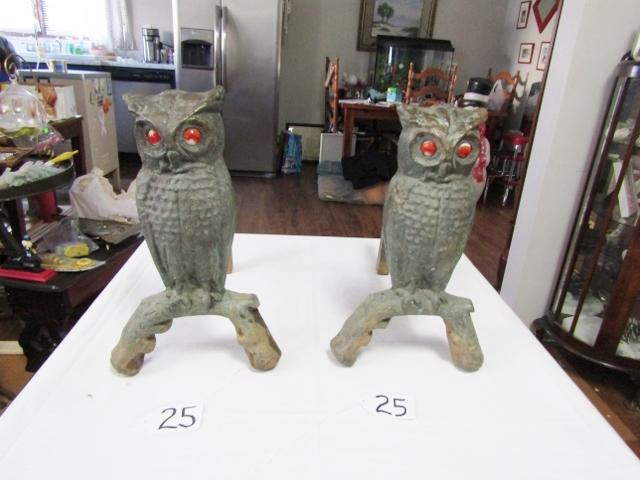 Antique Andirons Featuring Owls W/ Red / Orange Glass Eyes