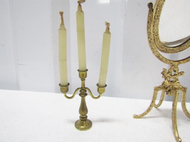 Vtg Miniature Brass Mirror, Candelabra And Picture Frame W/ Picture