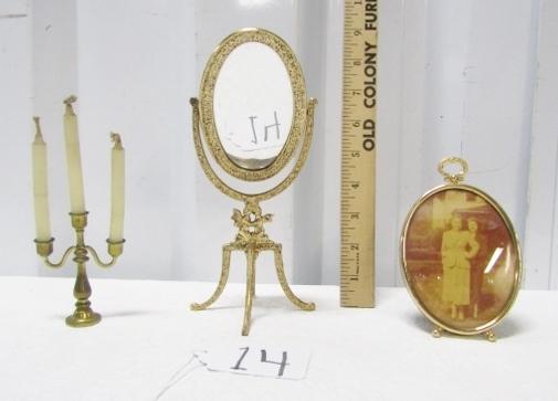 Vtg Miniature Brass Mirror, Candelabra And Picture Frame W/ Picture