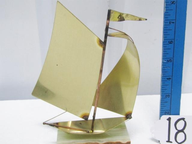 Brass Sailboat On Marble Base W/ " Footprints " Poem On Back Of Sail