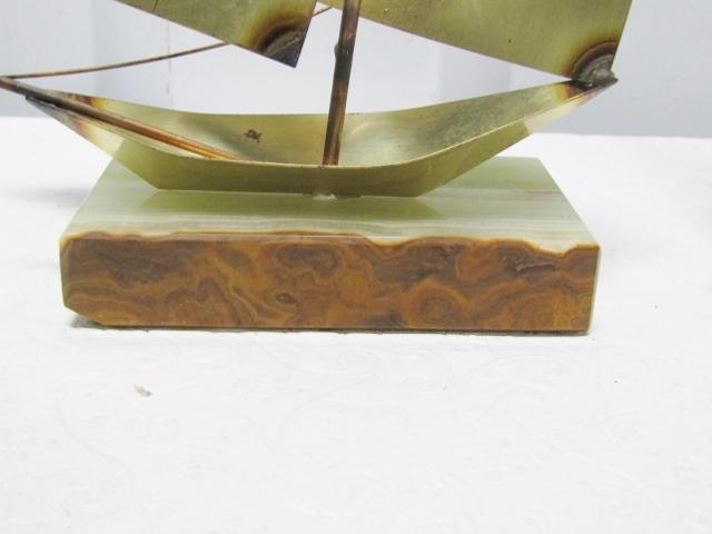 Brass Sailboat On Marble Base W/ " Footprints " Poem On Back Of Sail