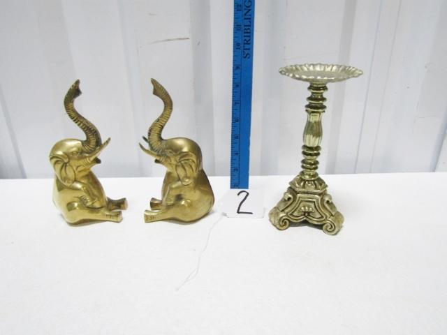 Vtg Solid Brass Elephant Bookends And Solid Brass Rubel Pillar Candle Holder