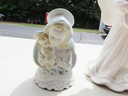 Bisque Porcelain Madonna W/ Child And A Ceramic Angel Candleholder