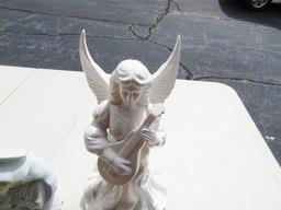 Bisque Porcelain Madonna W/ Child And A Ceramic Angel Candleholder