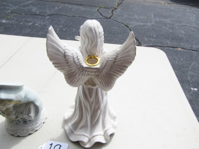 Bisque Porcelain Madonna W/ Child And A Ceramic Angel Candleholder