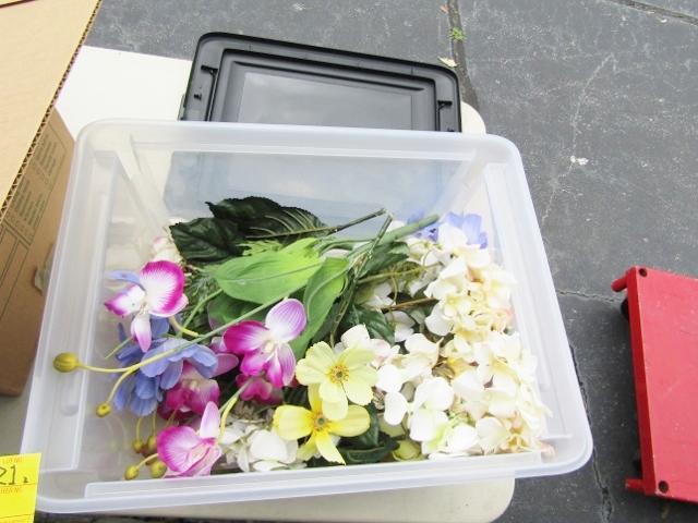 A Box And A Tub Full Of Decorative Faux Flowers