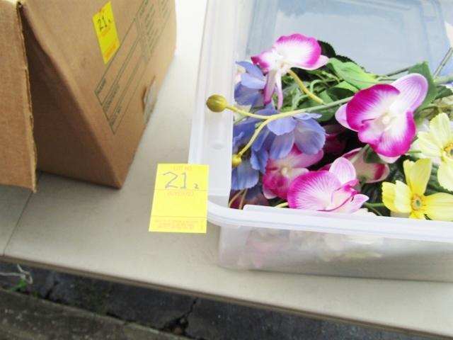 A Box And A Tub Full Of Decorative Faux Flowers