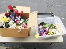 A Box And A Tub Full Of Decorative Faux Flowers