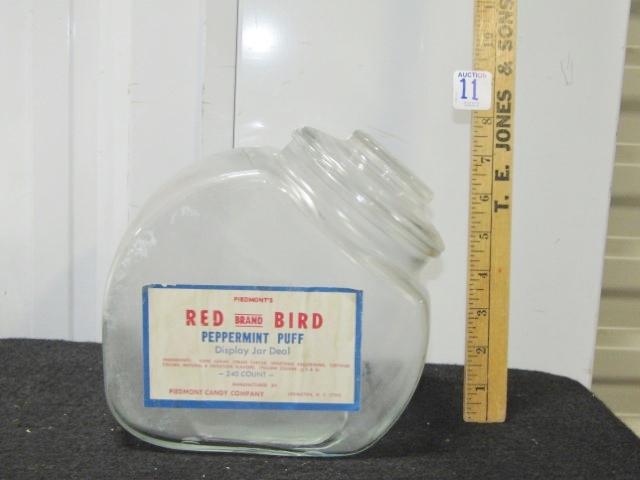 Vtg Piedmont's Red Bird Brand Peppermint Puff Display Jar