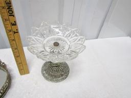 Vtg Brass Vanity Mirrored Tray And A Silver Plated Pedestal Trinket Dish