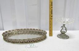 Vtg Brass Vanity Mirrored Tray And A Silver Plated Pedestal Trinket Dish