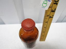 Antique Apothecary Amber Bottle W/ Measurement On Side And Rubber Top