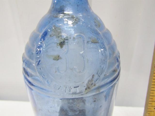 Vtg 33 Bleach Disinfectant Cleaner Blue Glass Bottle And Vtg Cork Top