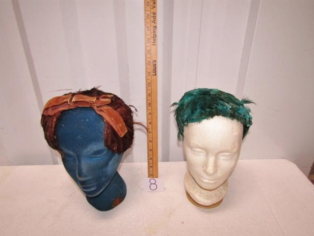 2 Vtg Ladies Feather Half Hats - (Head Stands Not Included)