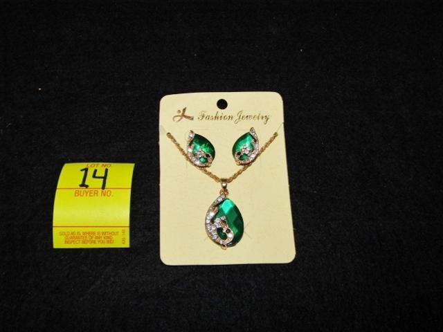 New Gold Tone W/ Rhinestones And Large Green Teardrop Stones Necklace And Earrings