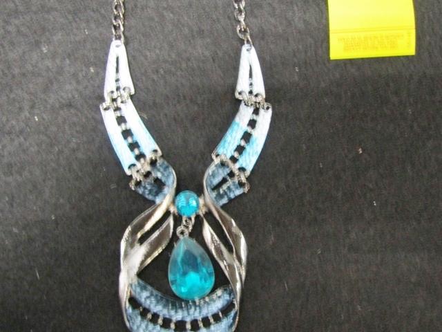 New Blue And Black Gun Metal Necklace W/ Matching Earrings