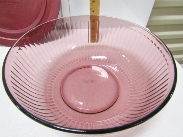 Pyrex 7404 Ribbed Cranberry Glass 4.5 Quart Mixing Bowl W/ Storage Lid