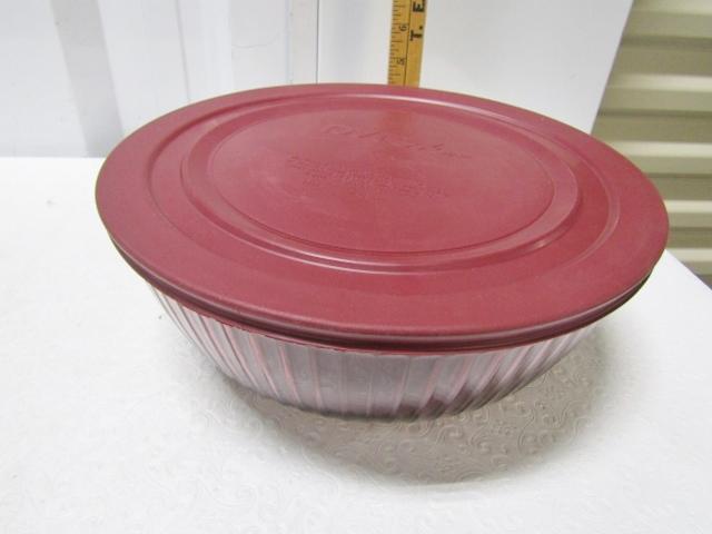 Pyrex 7404 Ribbed Cranberry Glass 4.5 Quart Mixing Bowl W/ Storage Lid