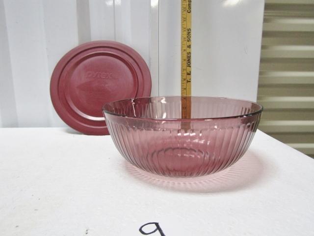 Pyrex 7404 Ribbed Cranberry Glass 4.5 Quart Mixing Bowl W/ Storage Lid