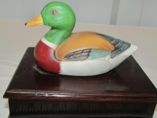 Wooden Card Box W/ Porcelain Duck Handle And 2 New Decks Of Cards