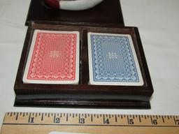 Wooden Card Box W/ Porcelain Duck Handle And 2 New Decks Of Cards