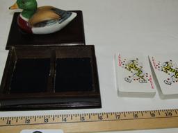 Wooden Card Box W/ Porcelain Duck Handle And 2 New Decks Of Cards