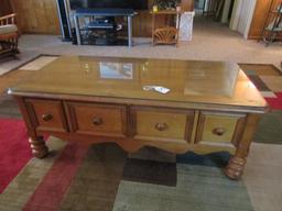 Solid Maple Wood Coffee Table W/ 2 Drawers For Storage And Glass  (LOCAL PICK UP ONLY)