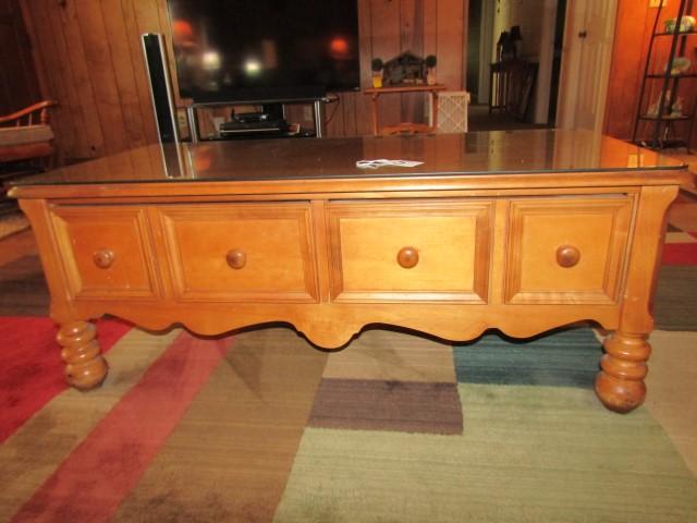 Solid Maple Wood Coffee Table W/ 2 Drawers For Storage And Glass  (LOCAL PICK UP ONLY)