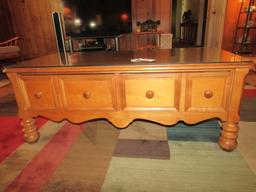 Solid Maple Wood Coffee Table W/ 2 Drawers For Storage And Glass  (LOCAL PICK UP ONLY)