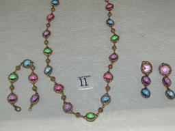 Matching Neckace, Bracelet And Earrings Set In Gold Tone W/ Multi Colored Stones