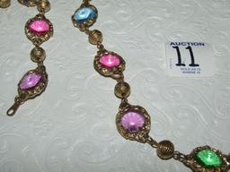 Matching Neckace, Bracelet And Earrings Set In Gold Tone W/ Multi Colored Stones