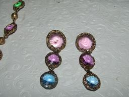 Matching Neckace, Bracelet And Earrings Set In Gold Tone W/ Multi Colored Stones