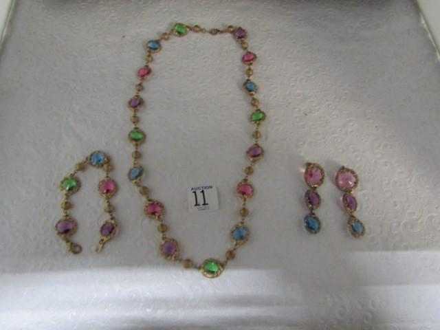 Matching Neckace, Bracelet And Earrings Set In Gold Tone W/ Multi Colored Stones