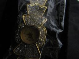 N I B Ladies Quartz Watch In Gold Tone And Filled W/ Rhinestones