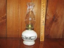 Vtg Lamplighter Farms Milk Glass Oil Lamp W/ Currier And Ives Design