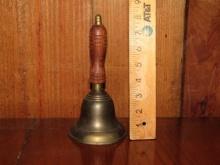 Vtg Brass School Hand Bell W/ Wood Handle