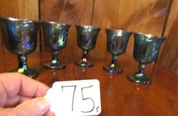 5 Vtg Blue Carnival Glass Goblets