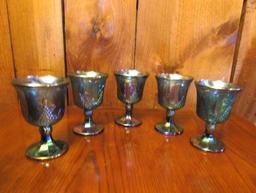 5 Vtg Blue Carnival Glass Goblets