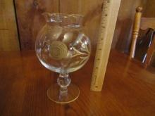 Vtg Glass Pedestal Vase W/ Gold Filled Etched Flower And Ruffled Rim