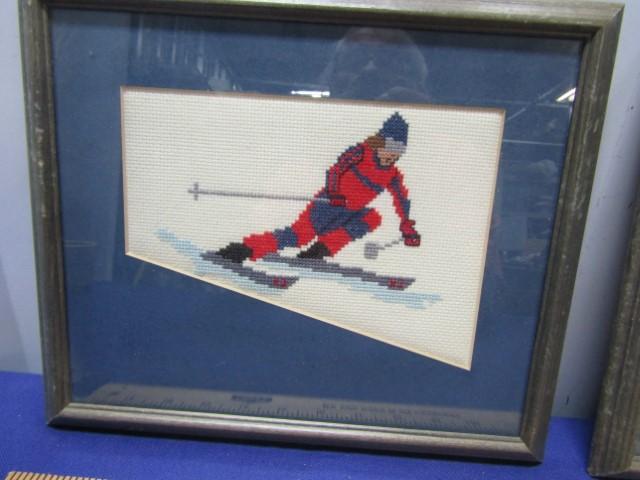 2 Hand Made Needlepoint Skiers And A 10" X 13" Frame