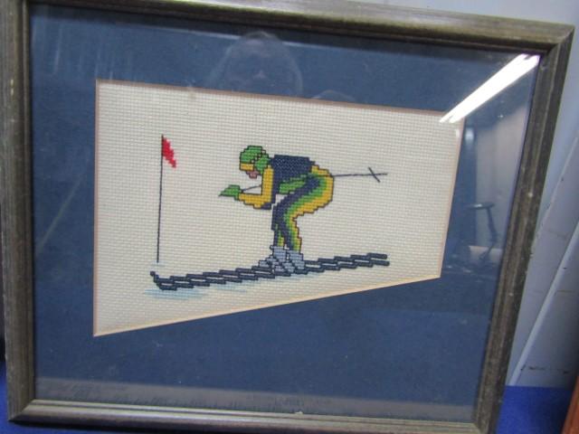 2 Hand Made Needlepoint Skiers And A 10" X 13" Frame