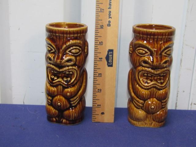 Vtg Matching Pair Of Tiki Stoneware Glasses By Orchids Of Hawaii