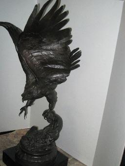 Bronze Eagle Sculpture After Jules Moigniez Depicts Moment Taking Flight on Marble Base