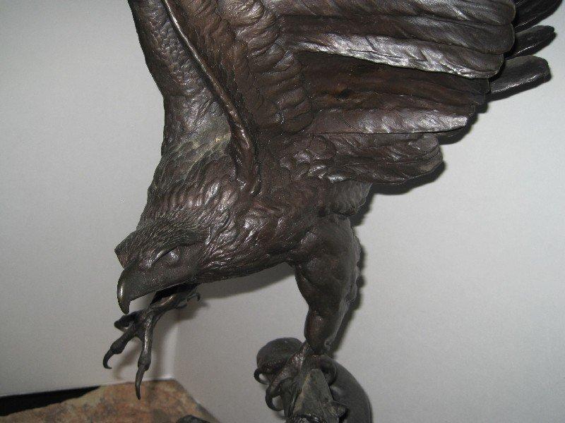 Bronze Eagle Sculpture After Jules Moigniez Depicts Moment Taking Flight on Marble Base