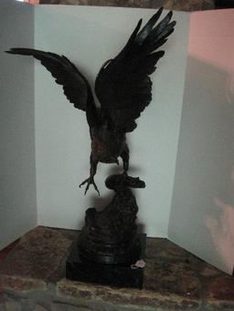 Bronze Eagle Sculpture After Jules Moigniez Depicts Moment Taking Flight on Marble Base