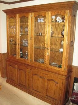 Oak Lighted China Cabinet w/ Glass Shelves, Dental Tim Molding on Cabinet 4 Panel Doors