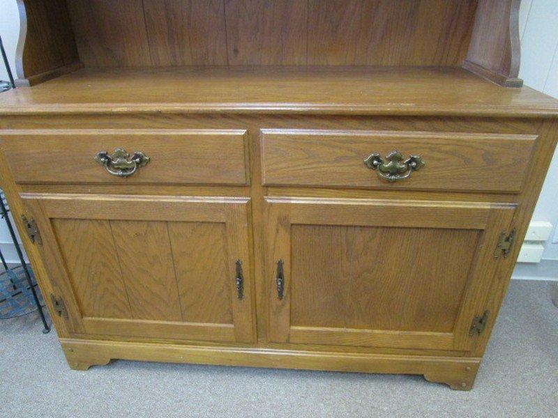 Oak Veneer China Hutch Cabinet w/ 2 Glass Hutch Doors, 2 Drawers, 2 Hutch Doors