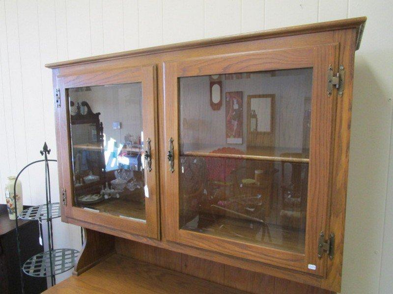 Oak Veneer China Hutch Cabinet w/ 2 Glass Hutch Doors, 2 Drawers, 2 Hutch Doors