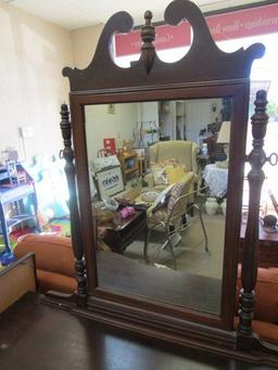 Stained Wood Veneer Vanity w/ Mirror, Column, Design, Oval Brass Pulls, Scroll Top